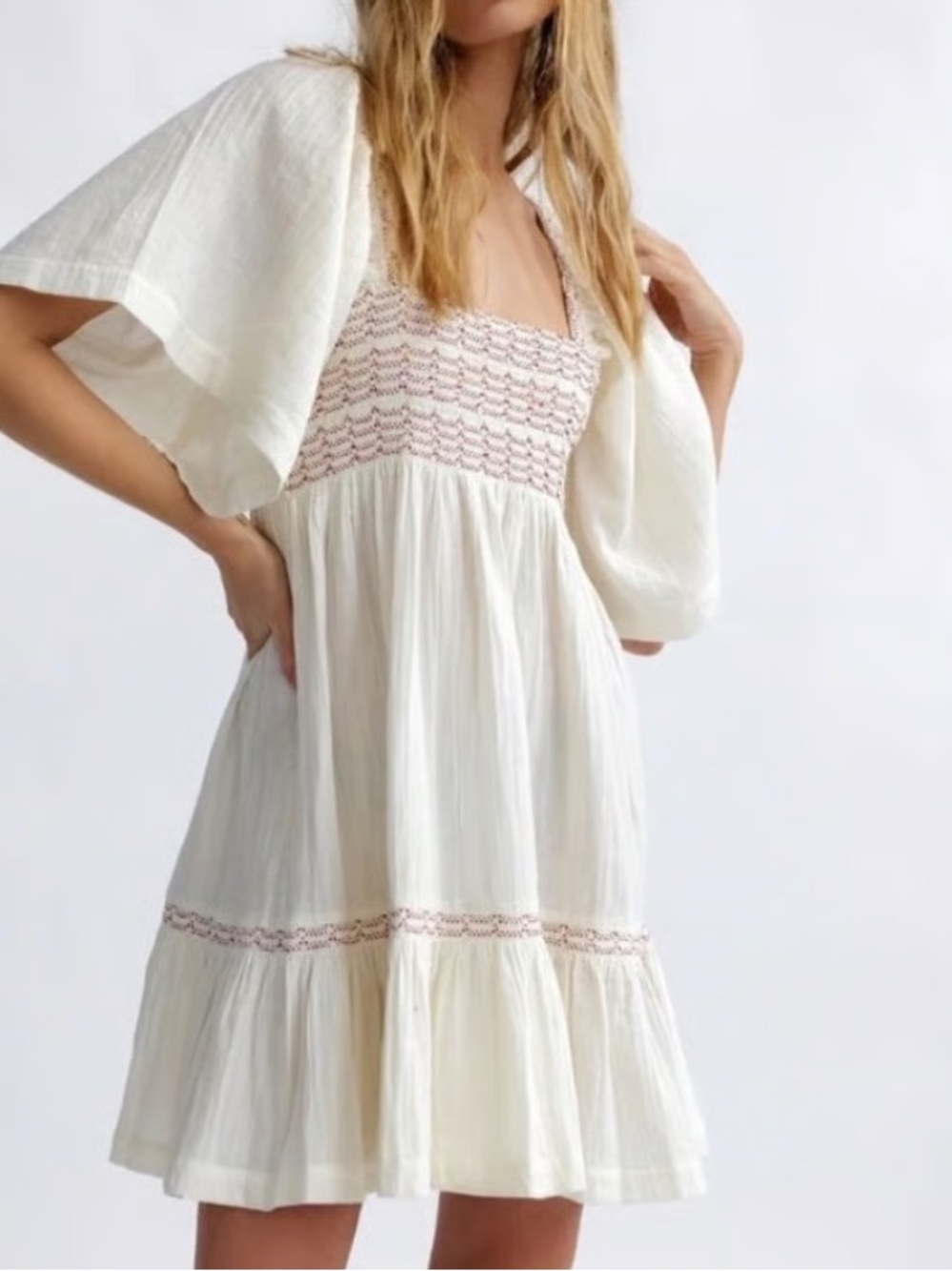 Free People Easy to Love Ivory Square-Neck Tiered Mini Dress